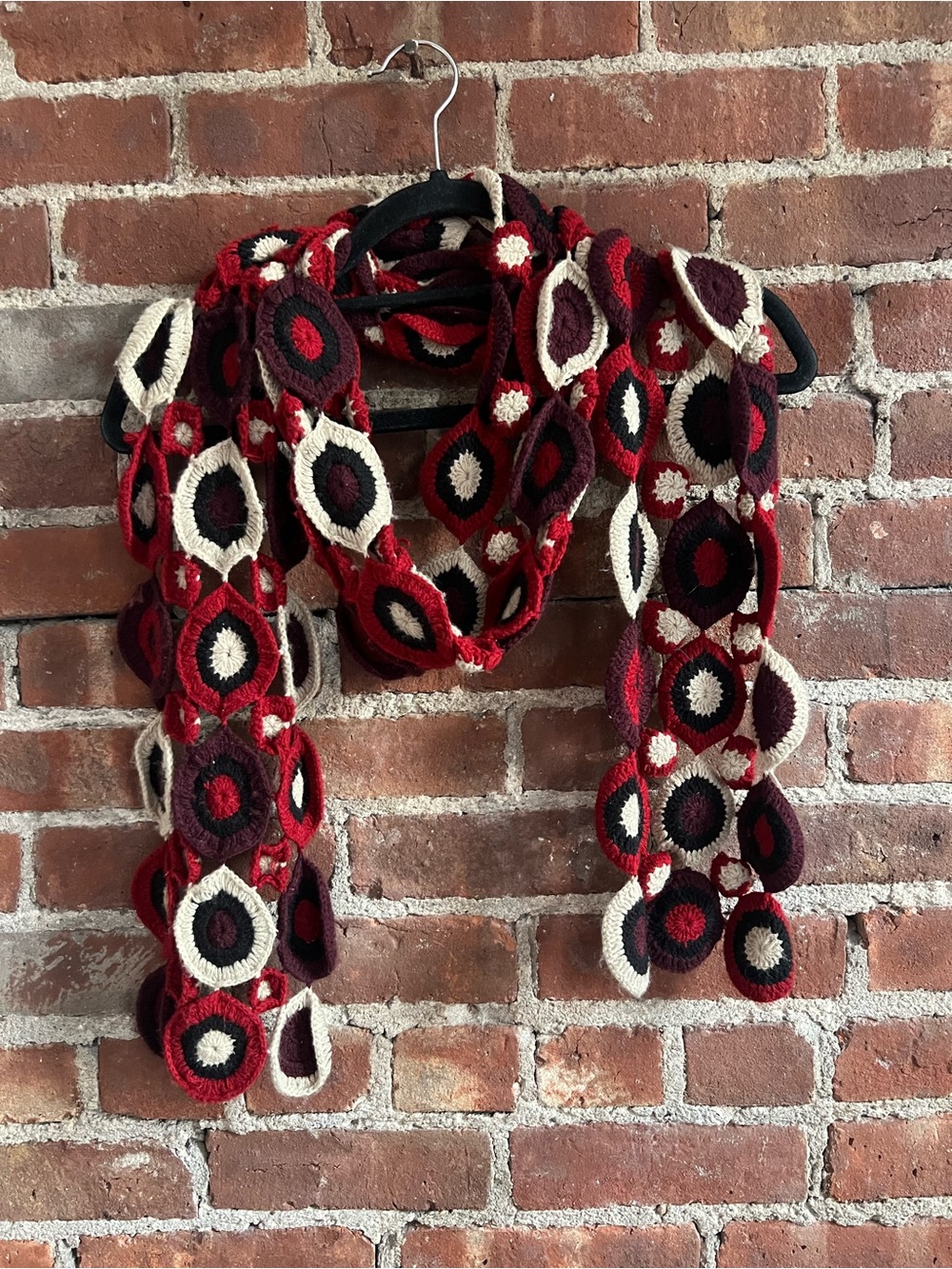 Y2K Red & Cream Crochet Scarf Boho Lucky Brand Red Purple White Funky